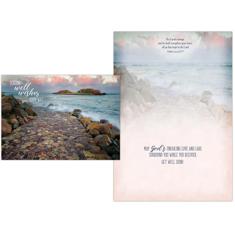 Christian Get Well Card with a Rocky Sunset Shore