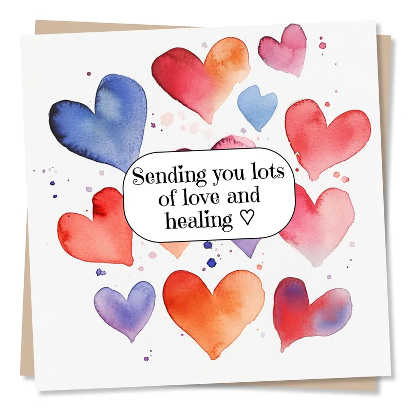 Sending Love and Healing Card with Watercolor Hearts