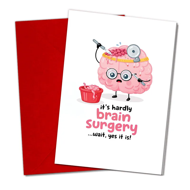 Brain Surgery Card – Cartoon pink brain surgeon with the text it's hardly brain surgery – Greeting Card in black