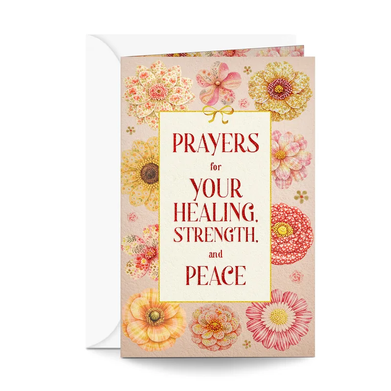 Prayers for Healing Card – Greeting card reading PRAYERS for YOUR HEALING, STRENGTH, and PEACE – Greeting Card in black