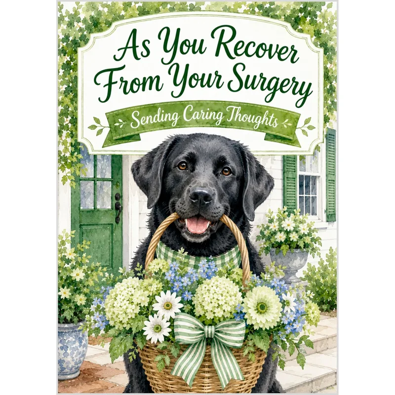 Recovery Surgery Card: A Black Lab With Spring Flowers