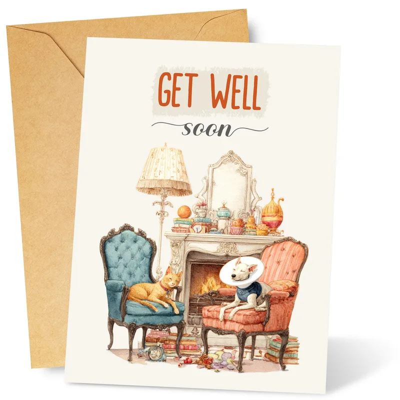 Vintage Pets Parlor Scene Card: A Cozy Get Well Greeting