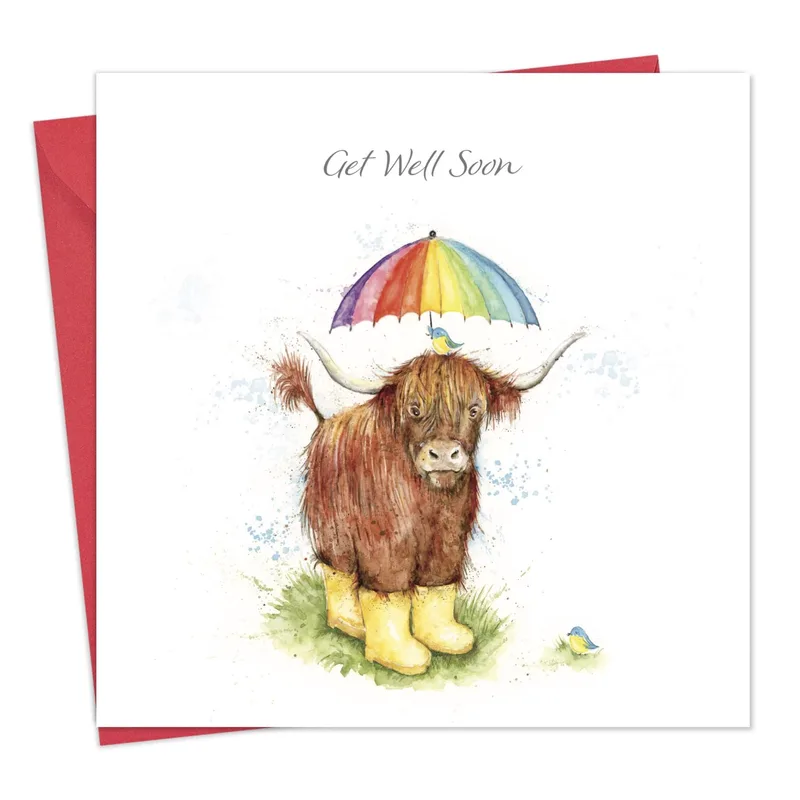 Get Well Soon Cow Card with a Rainbow Umbrella
