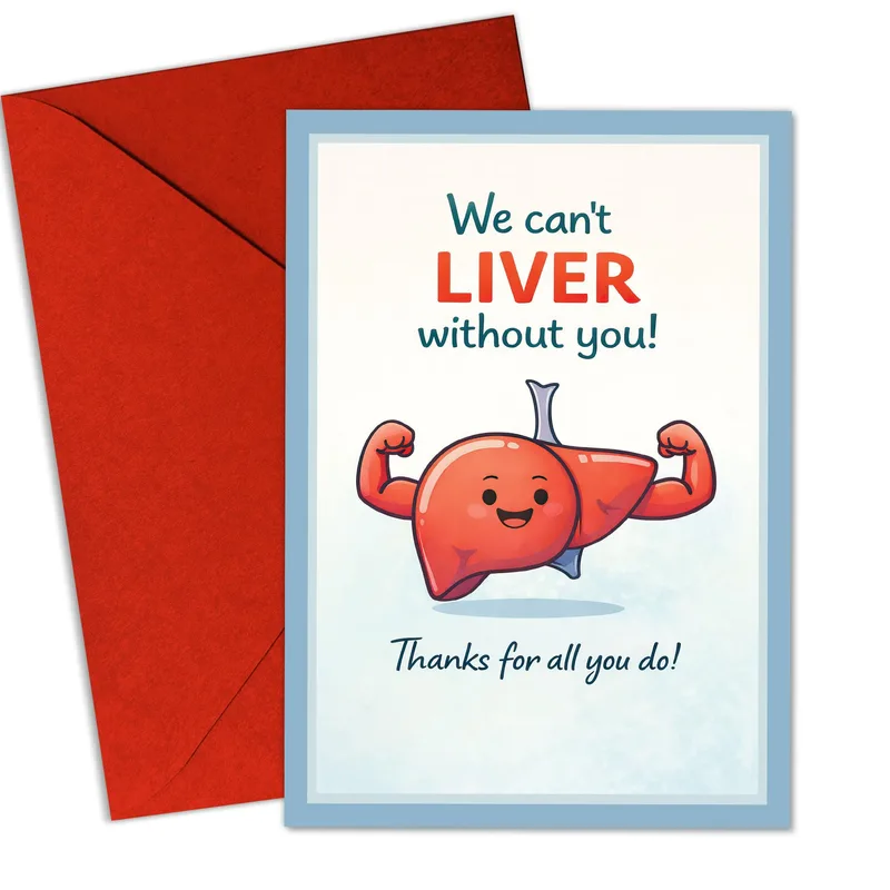 Liver Thank You Card: A Flexing Liver With a Big Punny Thank You