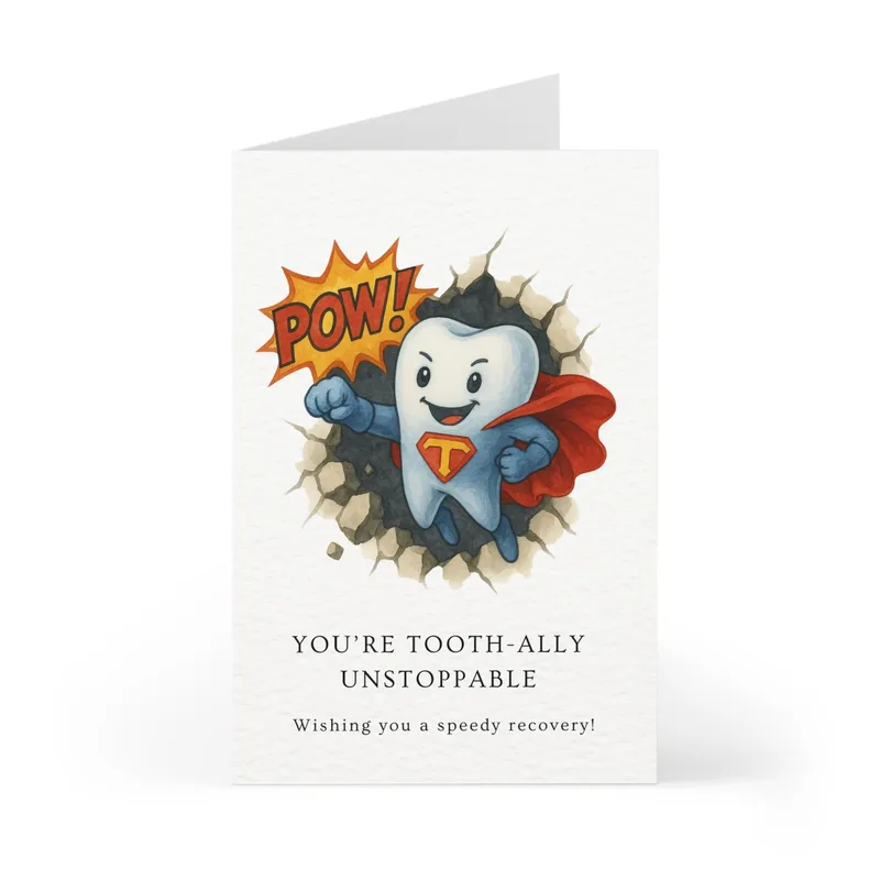 Tooth Superhero Get Well Card – Cartoon tooth superhero with red cape and POW! burst – Greeting Card in black