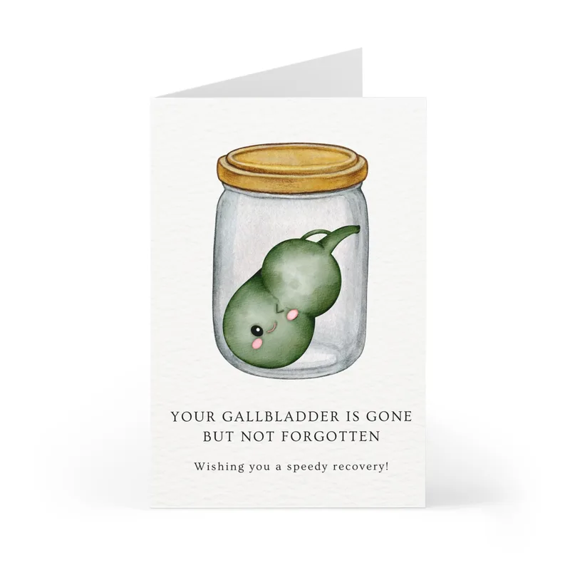 Gallbladder Surgery Card: a jar-bound organ with a grin