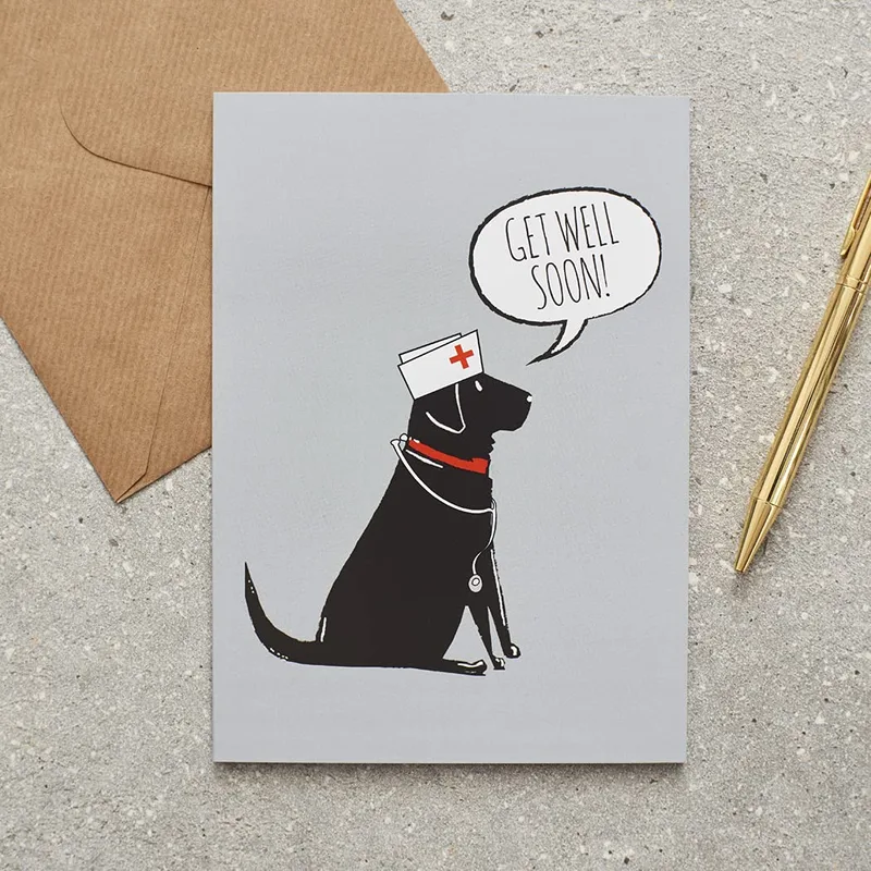 Nurse Dog Card: A Black Dog in a Nurse's Cap Wishing You Well