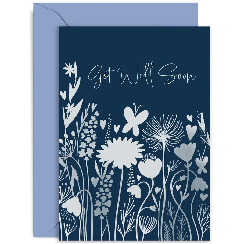Floral Botanical Card: A Navy and Silver Get Well Wish