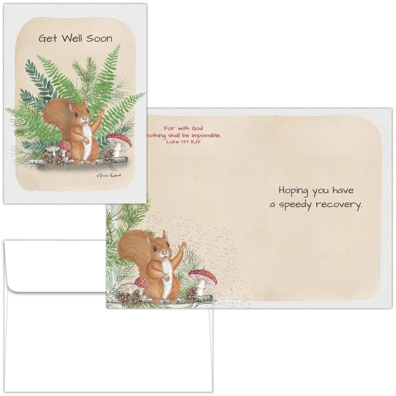 Woodland Squirrel Card: A Get Well Soon Wish With Ferns and Mushrooms