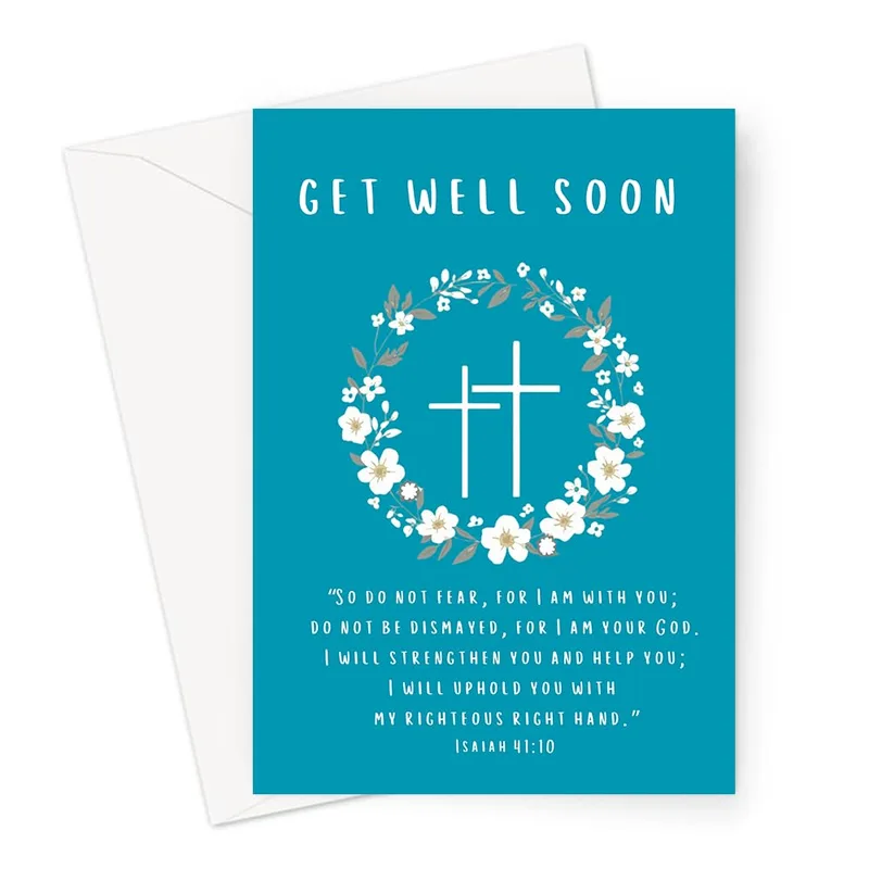 Bible Verse Get Well Card with a White Floral Cross Wreath
