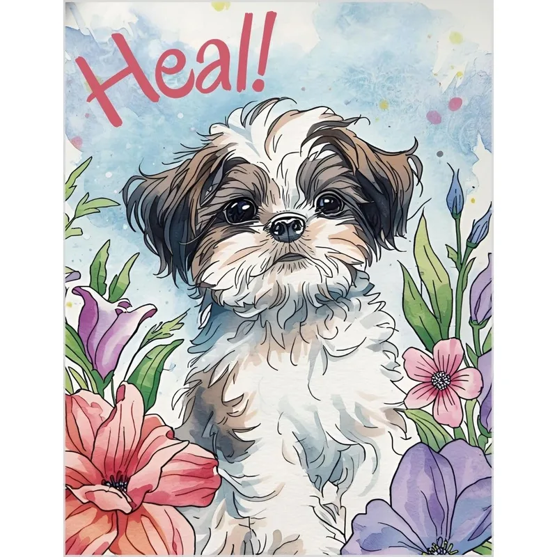Fluffy Puppy Get Well Card with a Shih Tzu Wishing You Well