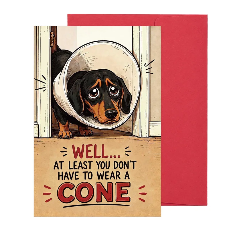Dachshund Recovery Card with a sad dog in a cone