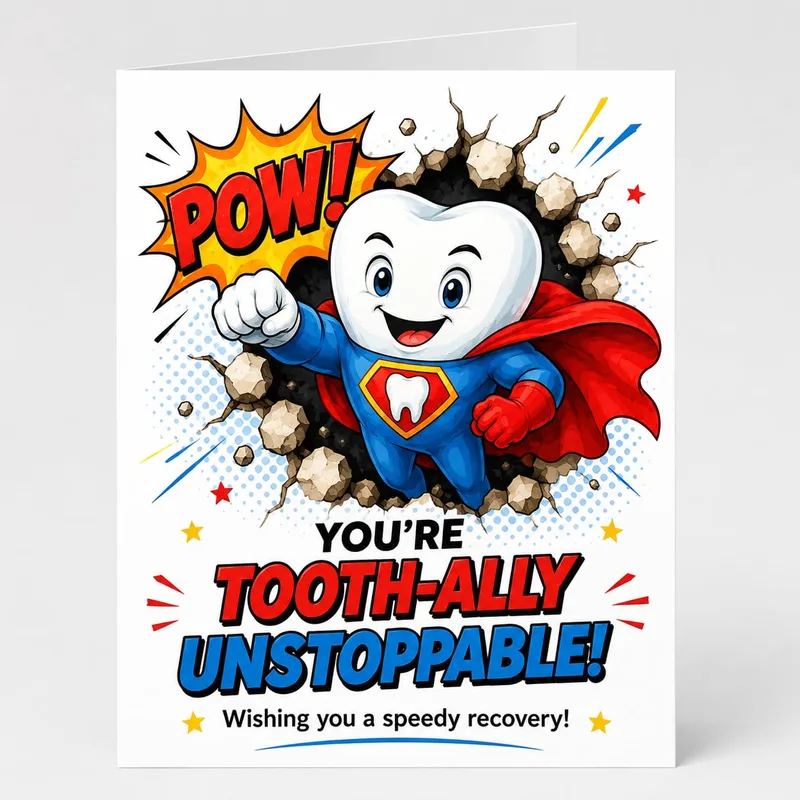 Dental Recovery Card with a Superhero Tooth in Action