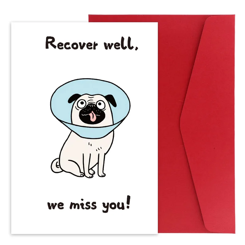 Get Well Pug Card: A Cone-Wearing Pup Who Misses You