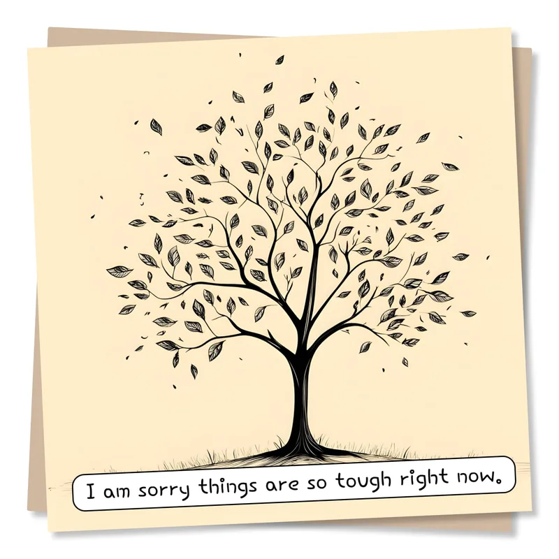 Sorry Things Are Tough Card with a Black Line Art Tree