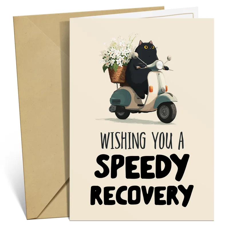 Speedy Recovery Cat Card: Black Cat on a Scooter