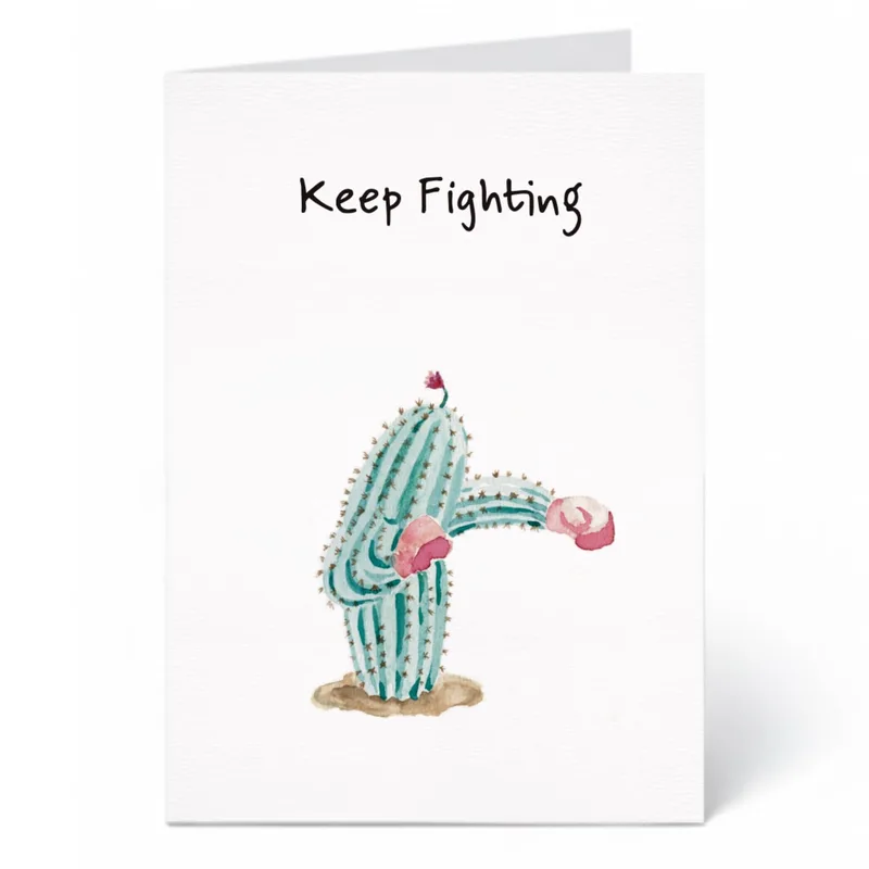 Keep Fighting Card with a Watercolor Boxing Cactus
