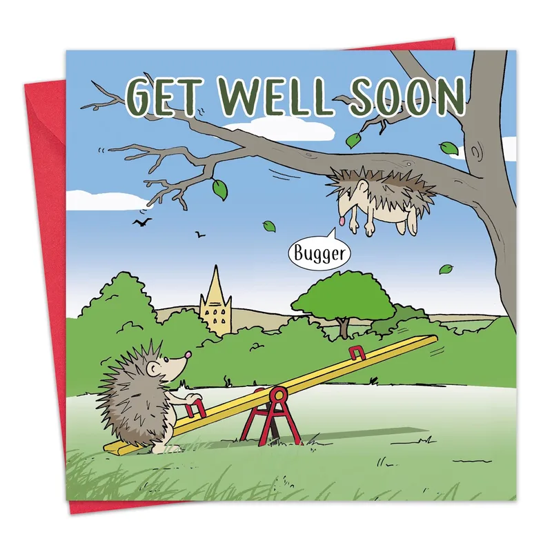 Hedgehog Seesaw Card – Get Well Soon card with cartoon hedgehogs and the word Bugger – Greeting Card in black
