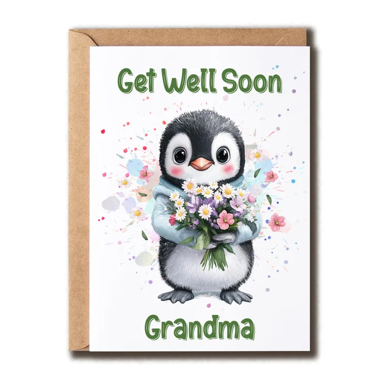 Get Well Soon Grandma Card with a Baby Penguin and Flowers