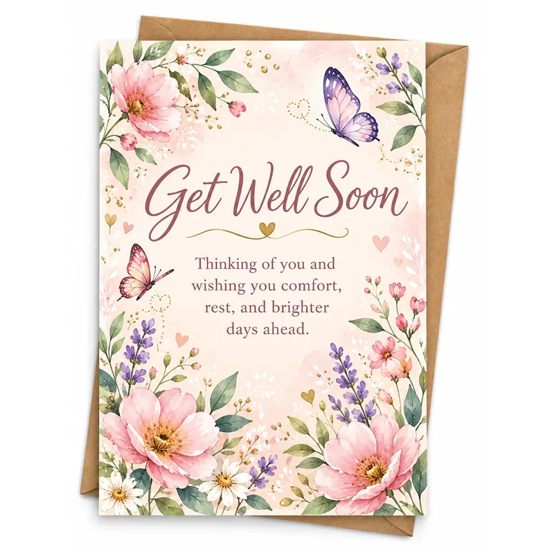 Get Well Soon Thinking Card with Pink Florals and Butterflies