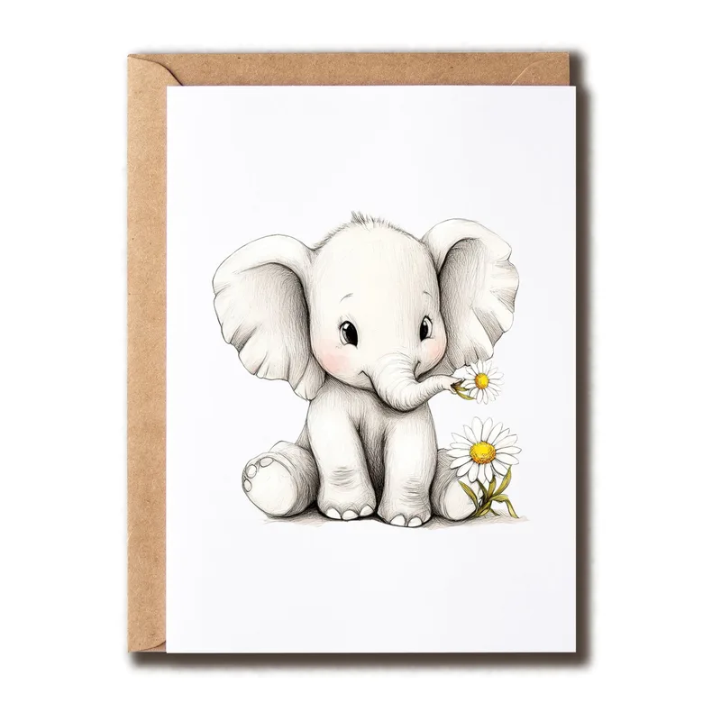 Elephant with Daisy Card – Sketched elephant holding a white daisy, no printed words – Greeting Card in black