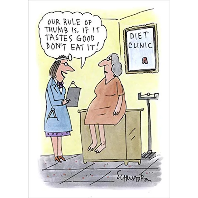 Diet Humor Card – Cartoon diet clinic with doctor saying the food rule of thumb – Greeting Card in black