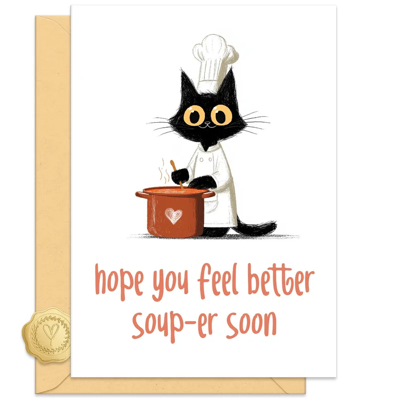 Black Cat Chef Get Well Card for Soup-Loving Friends
