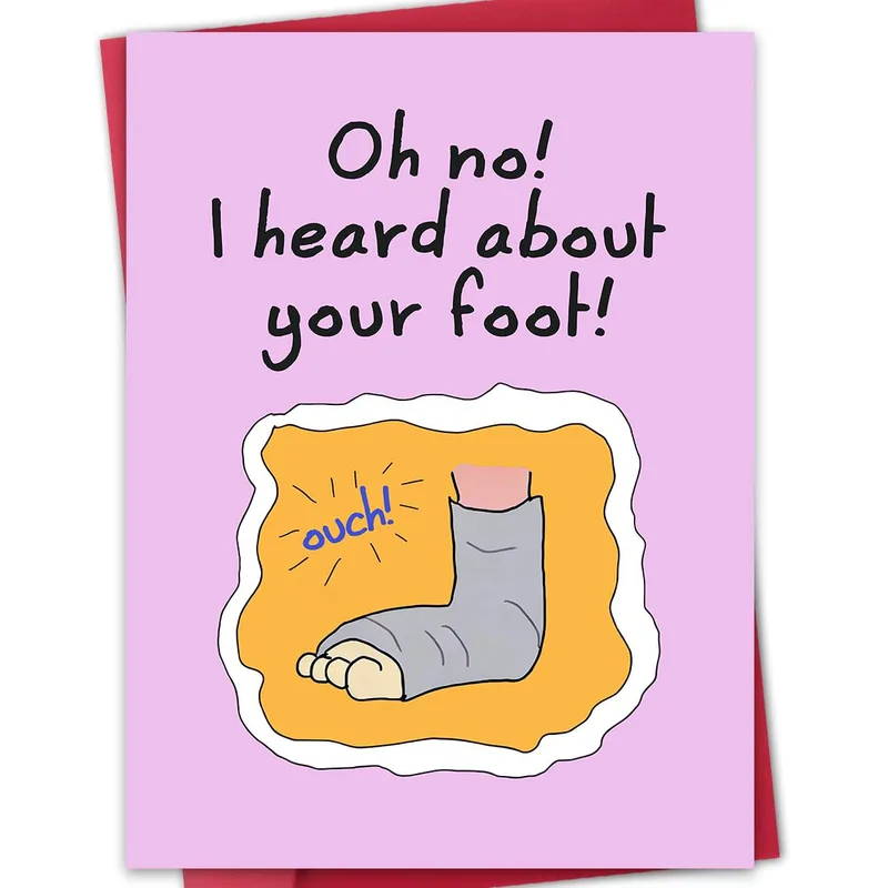 Gray Cast Pink Get Well Card for Broken Foot Recovery