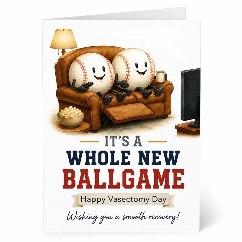Baseballs Couch Get Well Card for Vasectomy Recovery Humor