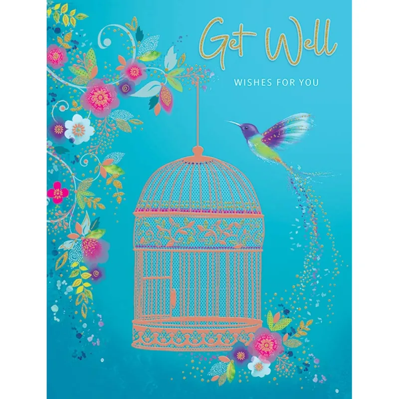 Teal Birdcage Hummingbird Get Well Card for Recovery Support