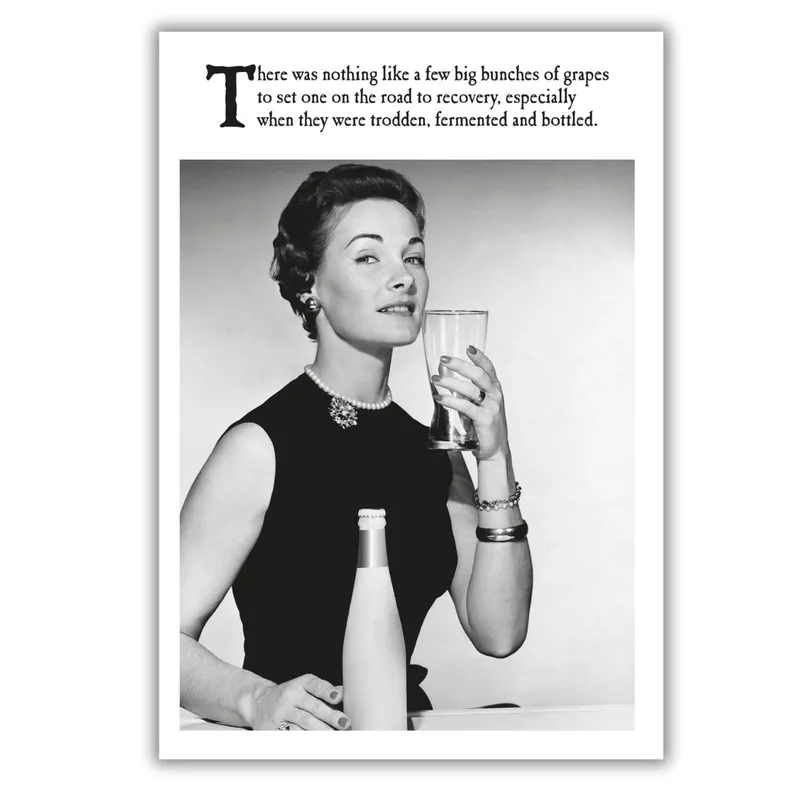 Vintage Woman Wine Get Well Card for Recovery Humor