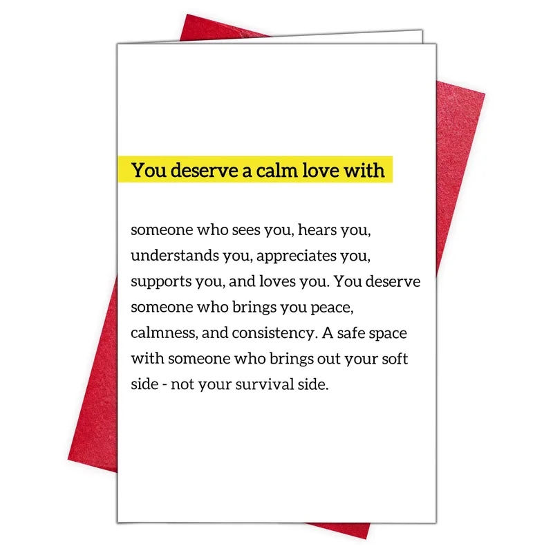 Plain White Card Love Card – Text card about deserving calm love and a safe space without stress – Greeting Card in natural
