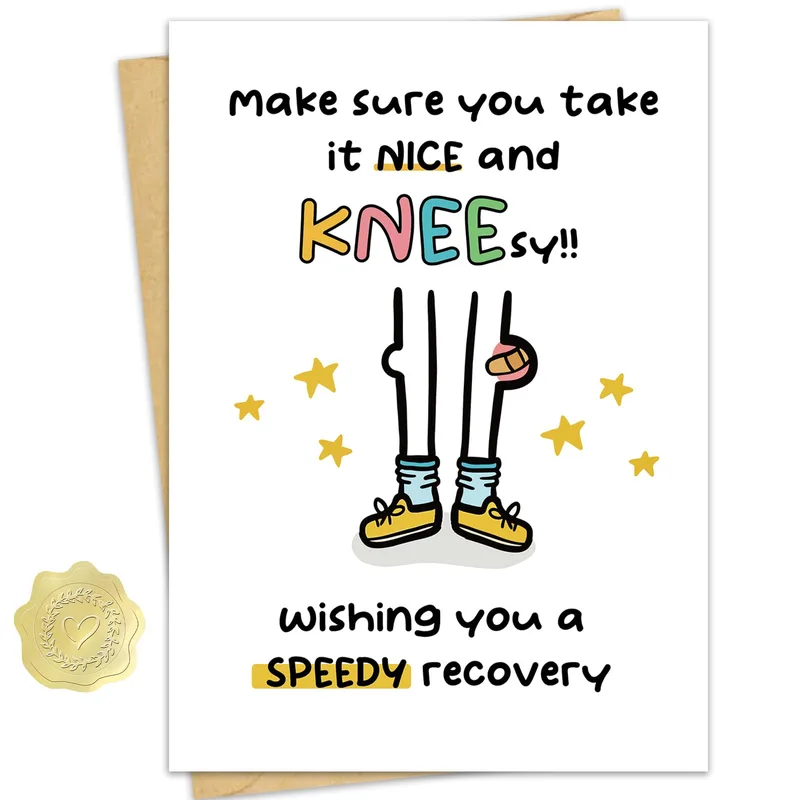 Legs Stars Get Well Card features a bandaged knee