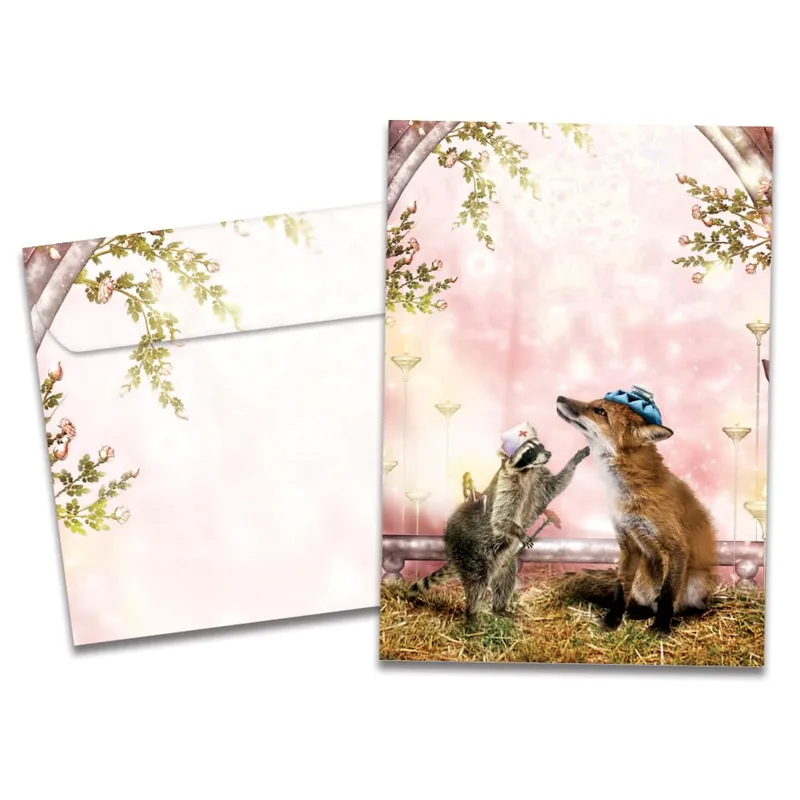 Pink Woodland Animal Pair Card: Raccoon and Fox in Medical Hats