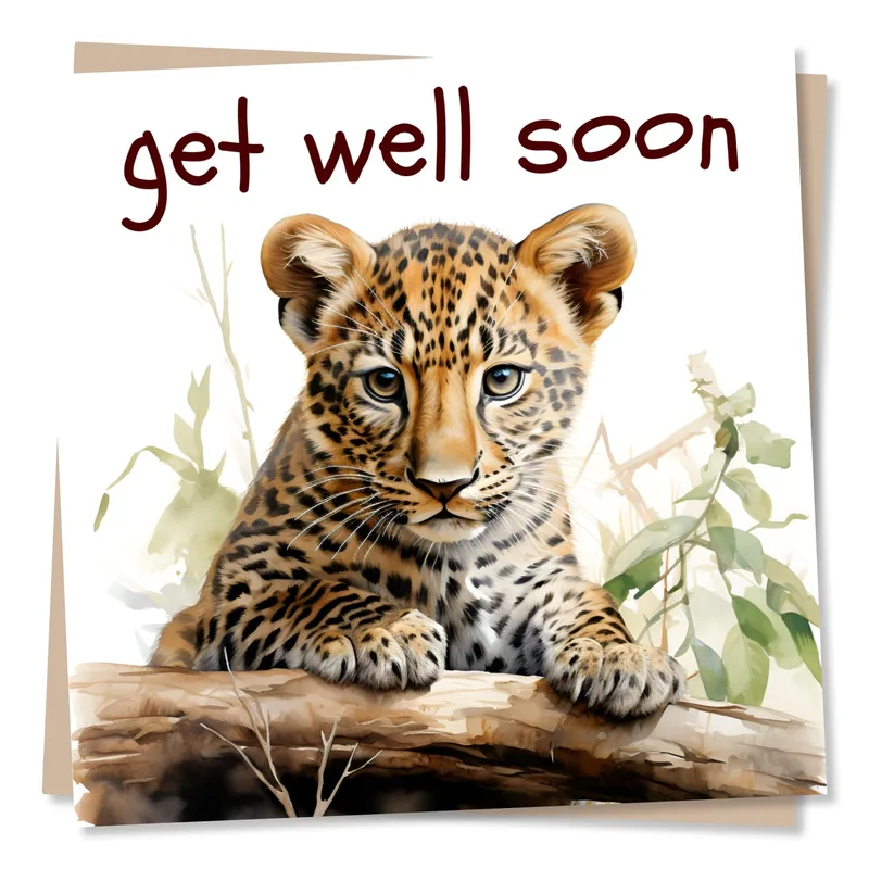 Leopard Cub Branch Get Well Card – Cute leopard cub resting on a log with get well soon message – Greeting Card in natural