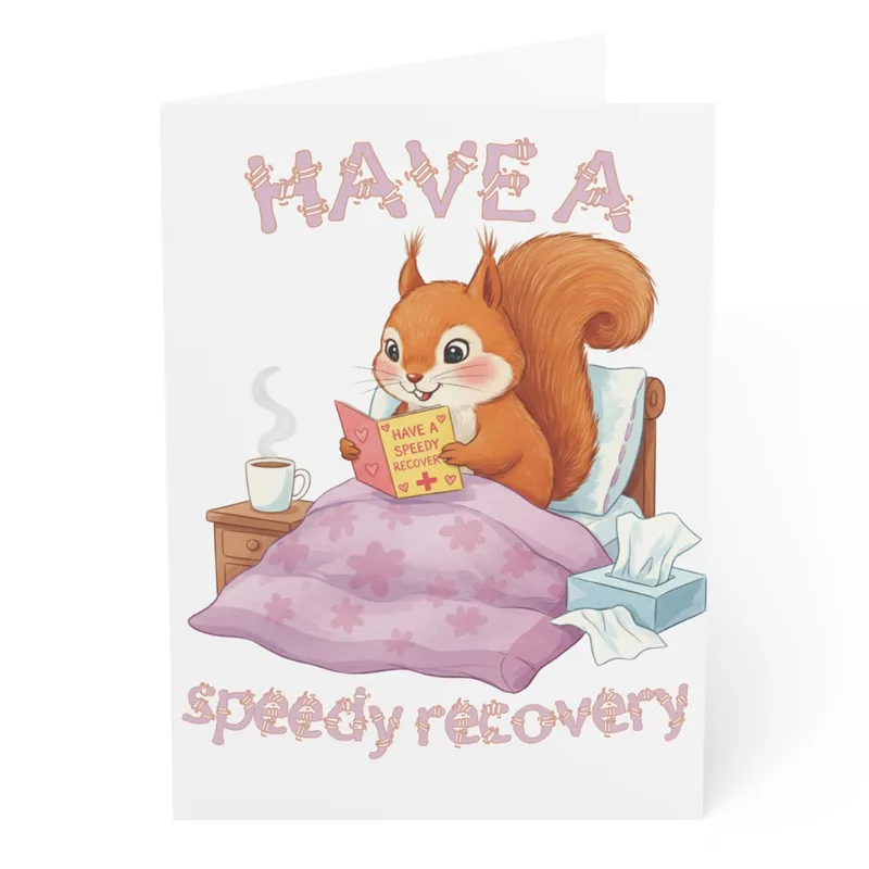 Squirrel Bed Reading Get Well Card for a Speedy Recovery