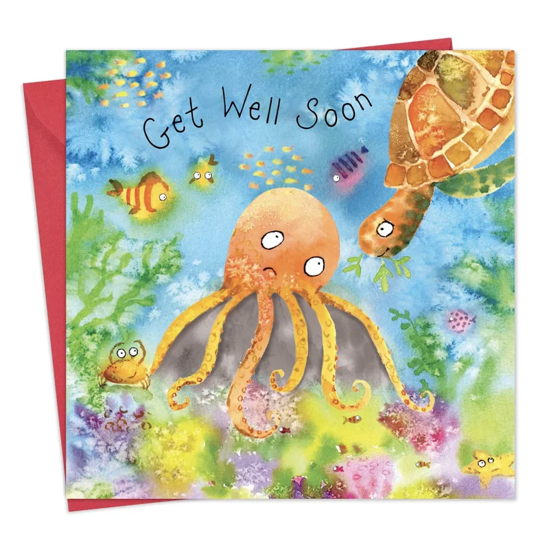 Octopus Turtle Underwater Get Well Card features a sad