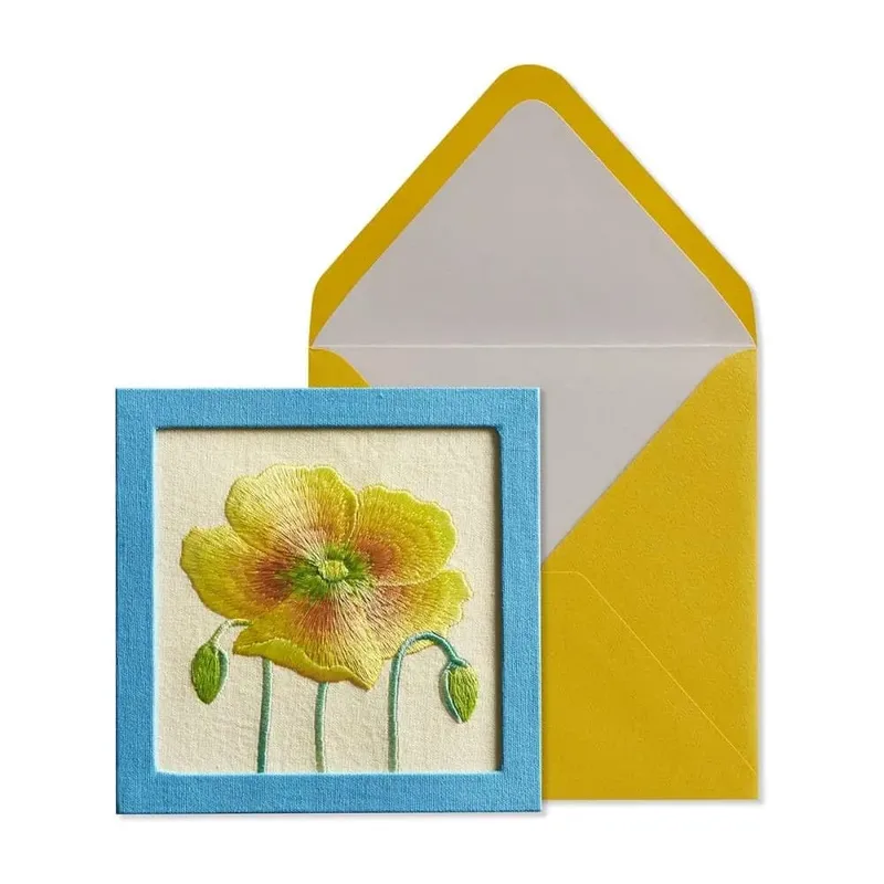 Yellow Flower Blue Get Well Card Embroidered Poppy Design
